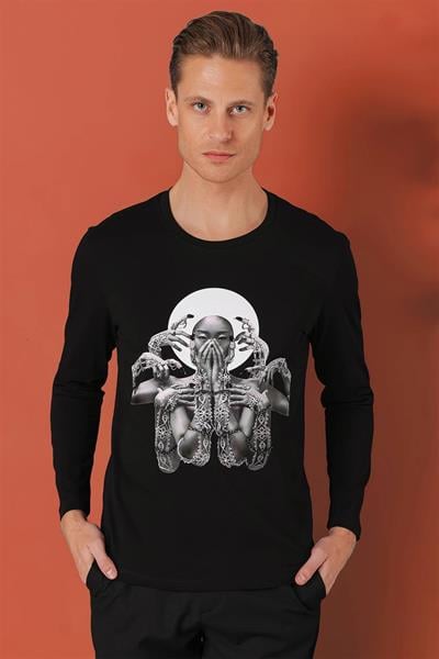 Ts 869 Slim Fit Baskılı Bisiklet Yaka Esnek Pamuk Siyah Tişört