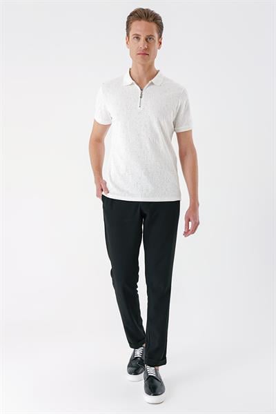 Ts 877 Slim Fit Fermuarlı Polo Yaka %100 Pamuk Ekru Tişört
