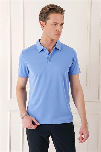 Ts 879 Slim Fit Düğmeli Polo Yaka Pamuklu Mavi Tişört