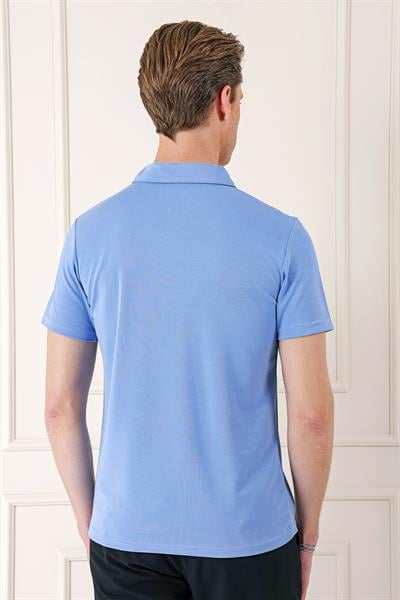 Ts 879 Slim Fit Düğmeli Polo Yaka Pamuklu Mavi Tişört
