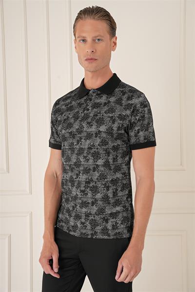 Ts 884 Slim Fit Dal Yaprak Desen Polo Yaka Pamuklu Siyah Tişört