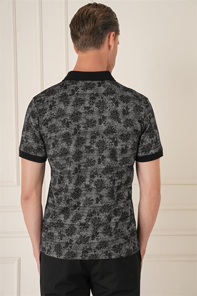 Ts 884 Slim Fit Dal Yaprak Desen Polo Yaka Pamuklu Siyah Tişört