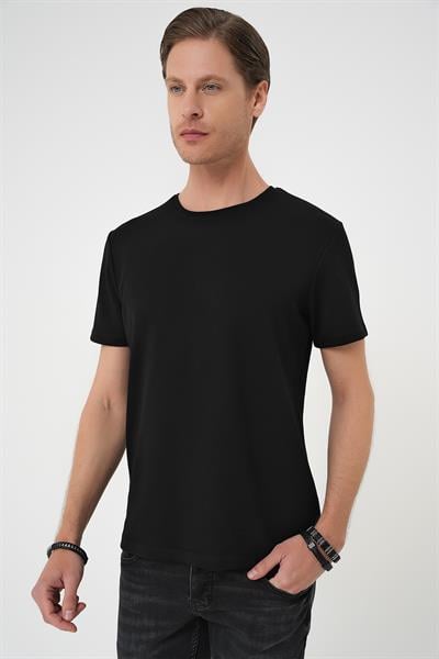 Ts 885 Comfort Fit Bisiklet Yaka Esnek Pamuk Casuel Siyah Tişört