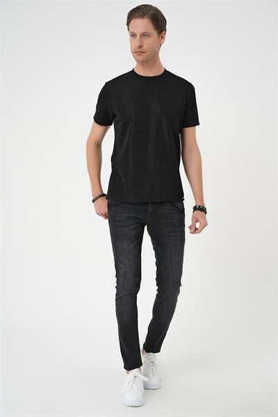 Ts 896 Comfort Fit Bisiklet Yaka Viskon Karışımlı Dokulu Casuel Siyah Tişört