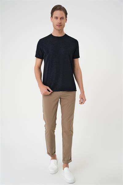 Ts 896 Comfort Fit Bisiklet Yaka Viskon Karışımlı Dokulu Casuel Lacivert Tişört