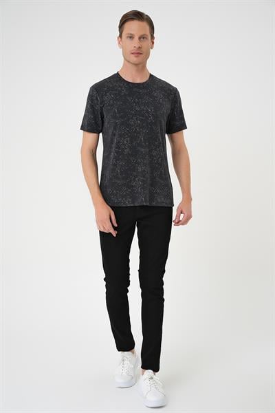 Ts 905 Comfort Fit Bisiklet Yaka Batik Görünmlü Kısa Kol Casual Siyah Tişört