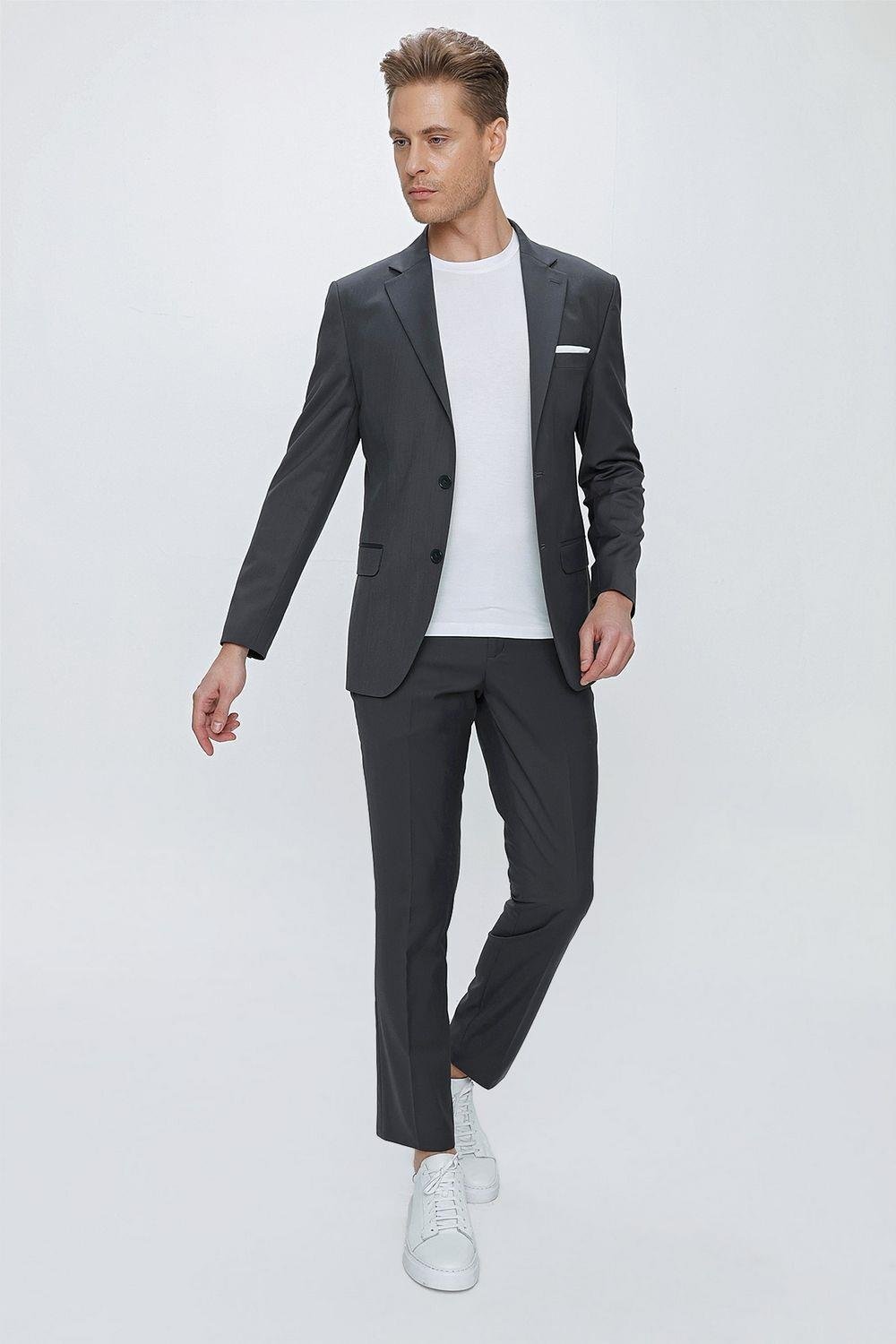 Tk 2021 Slim Fit Klasik Mono Yaka Klasik Antrasit Takım Elbise