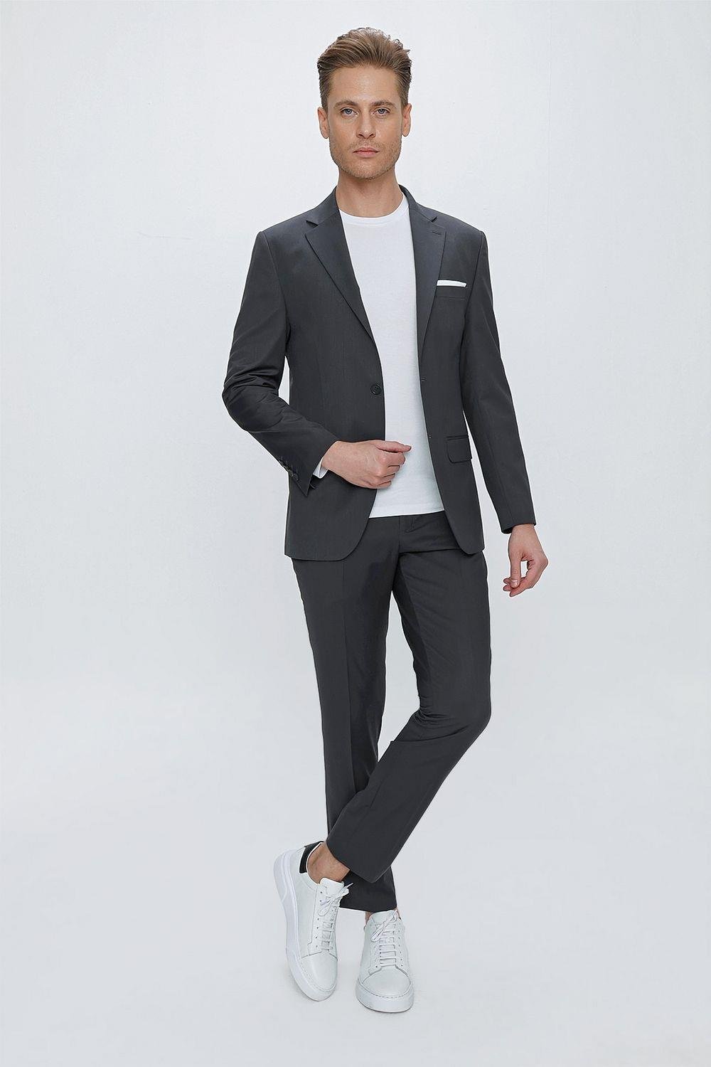 Tk 2021 Slim Fit Klasik Mono Yaka Klasik Antrasit Takım Elbise