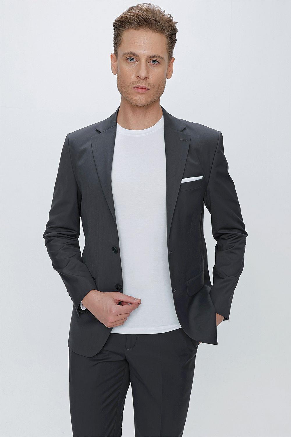 Tk 2021 Slim Fit Klasik Mono Yaka Klasik Antrasit Takım Elbise