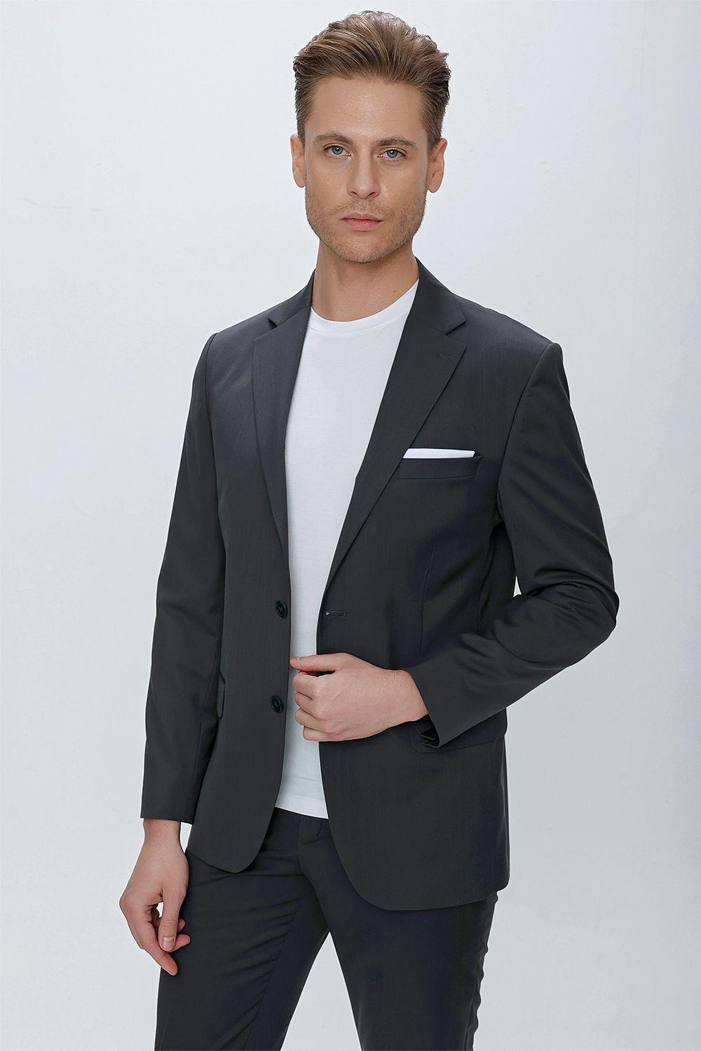 Tk 2021 Slim Fit Klasik Mono Yaka Klasik Antrasit Takım Elbise