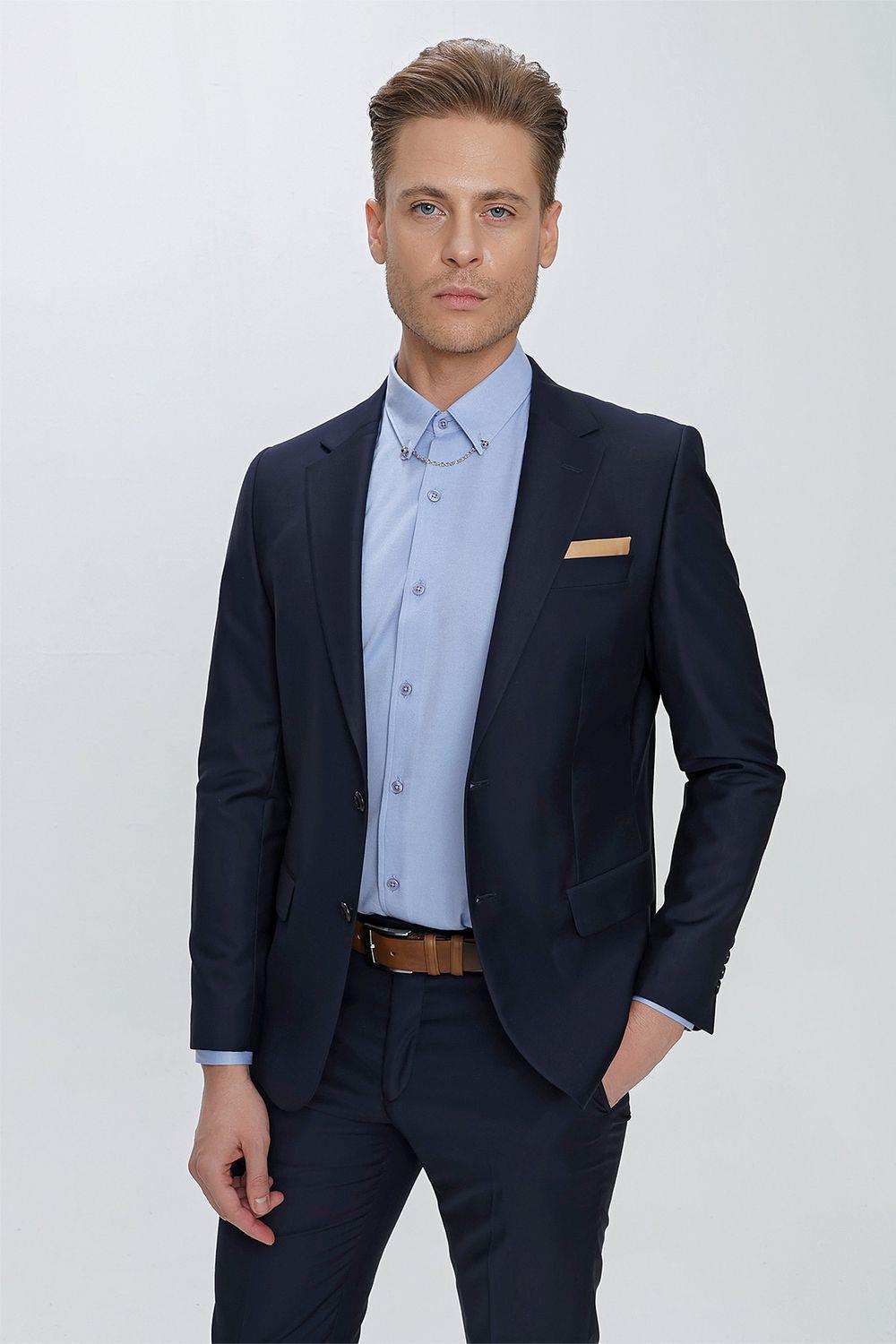 Tk 2021 Slim Fit Klasik Mono Yaka Klasik Lacivert Takım Elbise