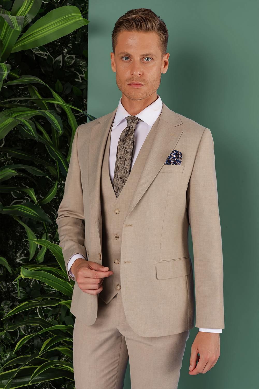 TK 871 Slim Fit Bej Klasik Takım Elbise