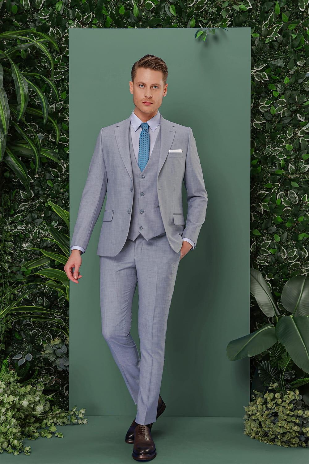 TK 872 Slim Fit Gri-Mavi Klasik Takım Elbise