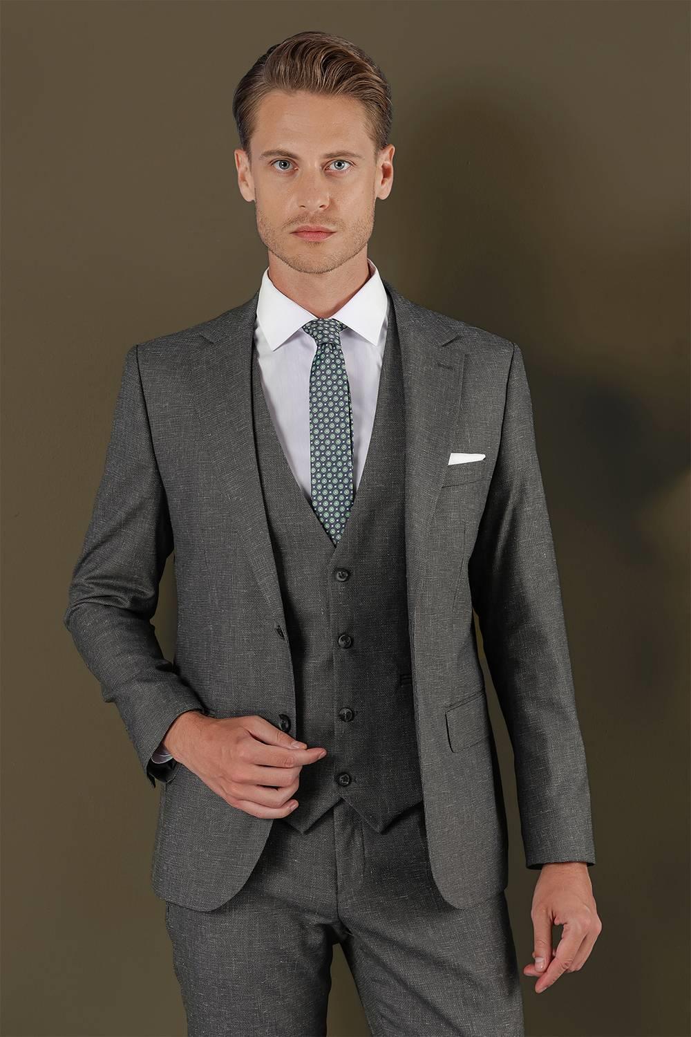 TK 873 Slim Fit Koyu Gri Klasik Takım Elbise