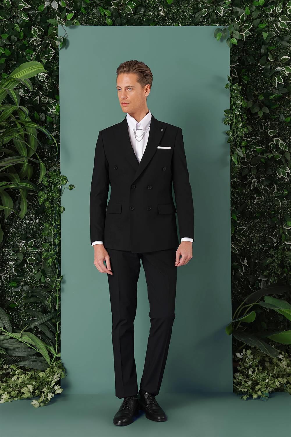 Tk 885 Slim Fit Yünlü Kruvaze Klasik Siyah Takım Elbise 