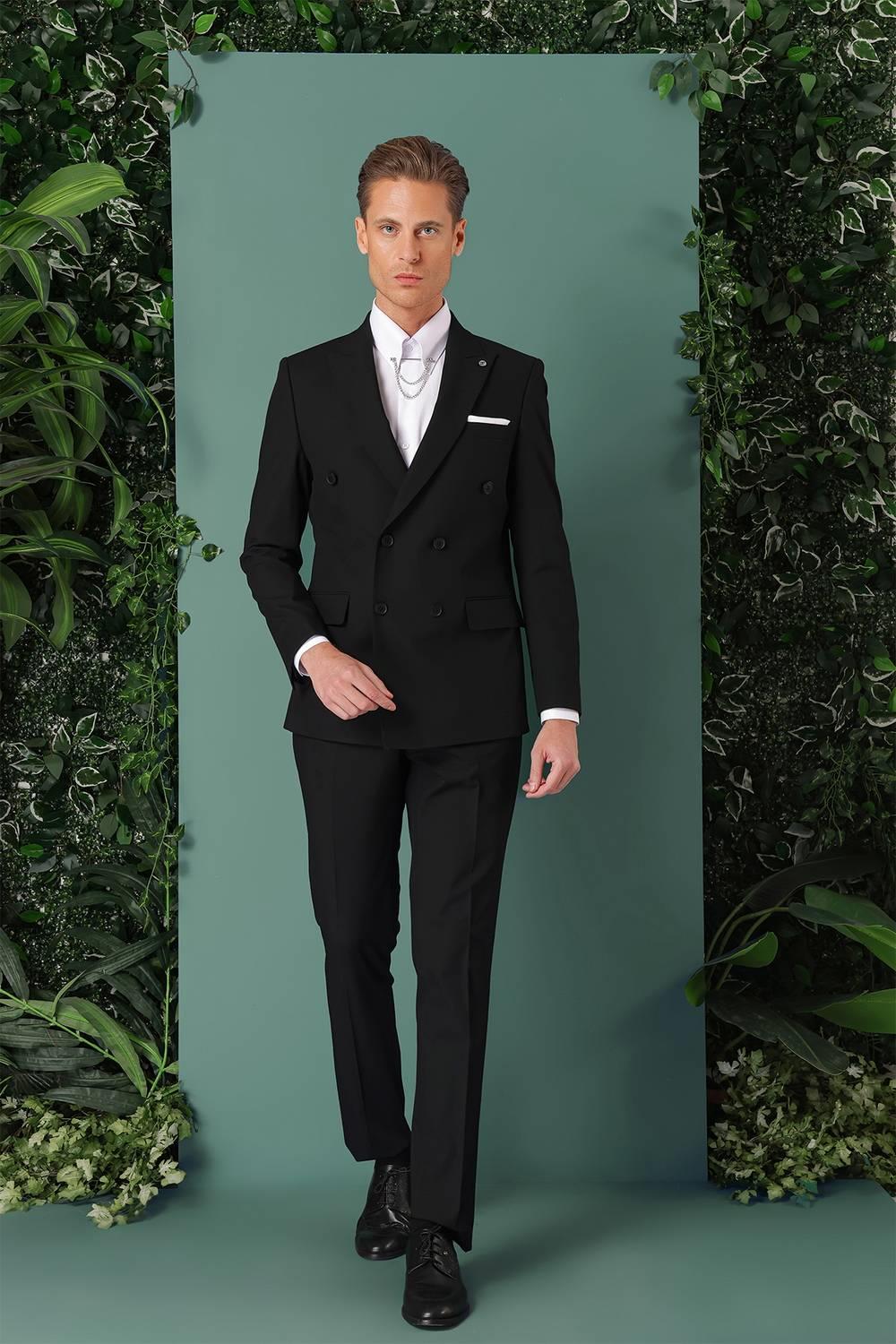 Tk 885 Slim Fit Yünlü Kruvaze Klasik Siyah Takım Elbise 