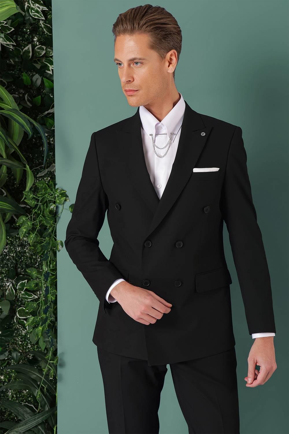 Tk 885 Slim Fit Yünlü Kruvaze Klasik Siyah Takım Elbise 