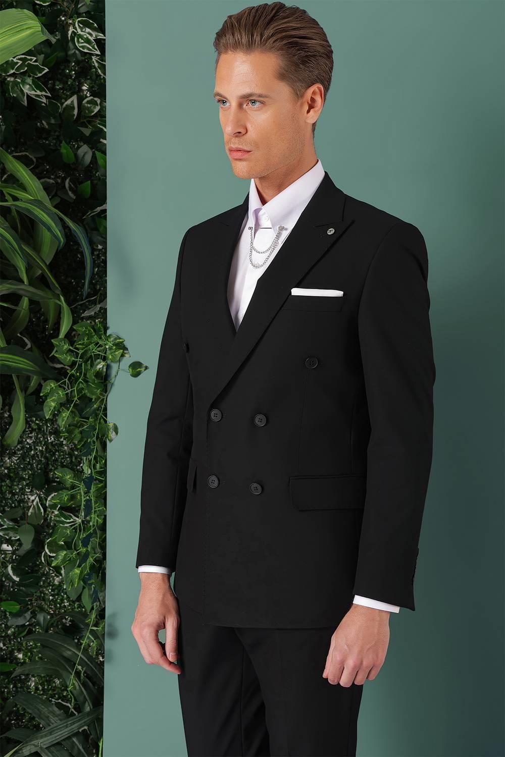 Tk 885 Slim Fit Yünlü Kruvaze Klasik Siyah Takım Elbise 