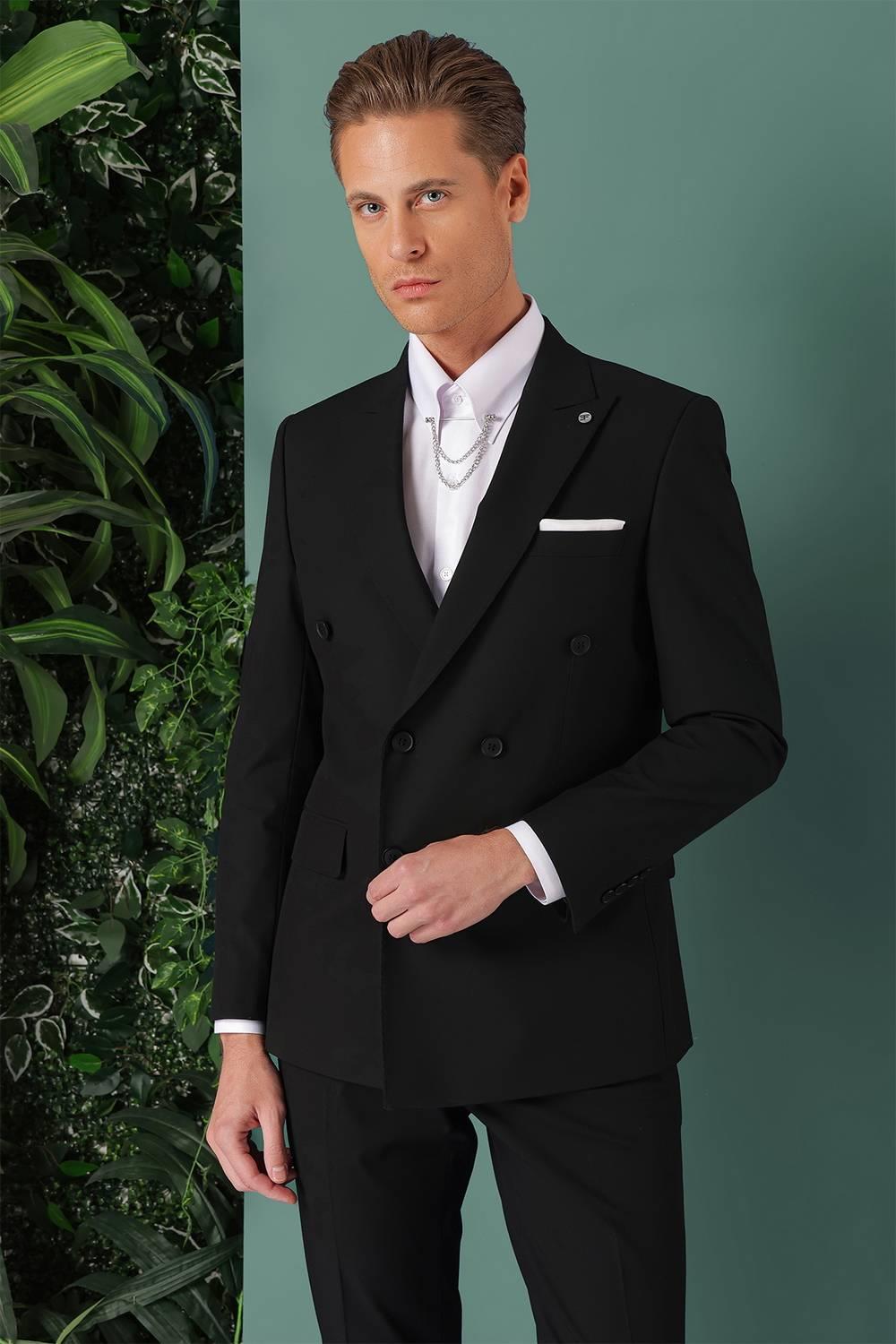 Tk 885 Slim Fit Yünlü Kruvaze Klasik Siyah Takım Elbise 