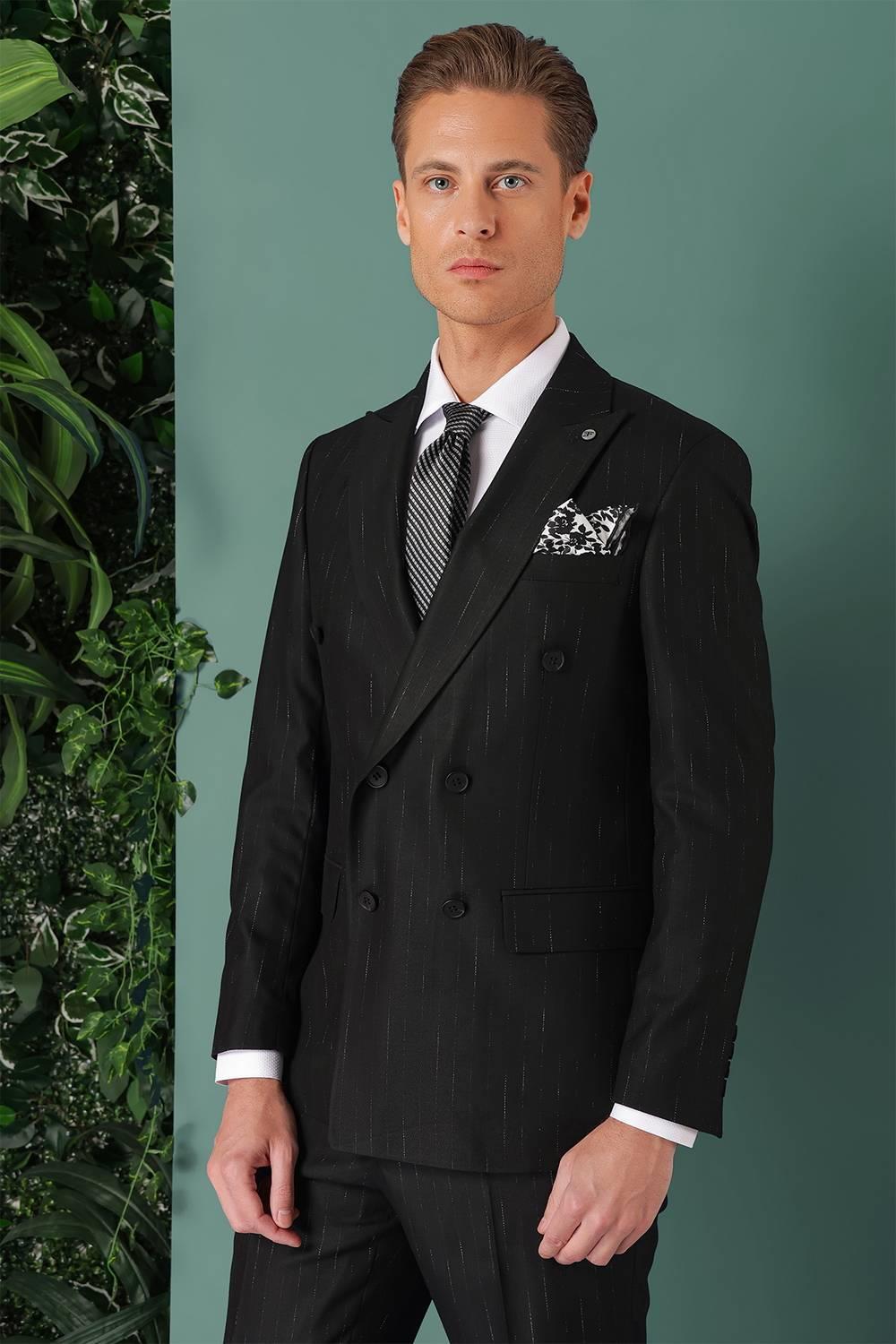 Tk 888 Slim Fit Yağmur Deseni Çizgili Kruvaze Klasik Siyah Takım Elbise 