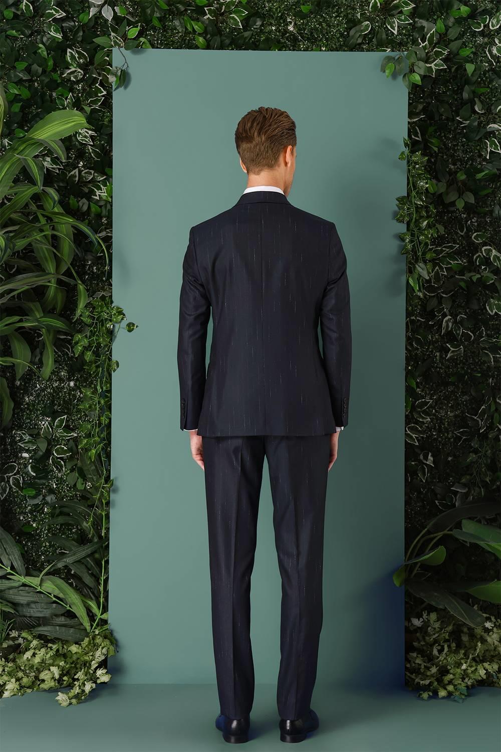 Tk 888 Slim Fit Yağmur Deseni Çizgili Kruvaze Klasik Lacivert Takım Elbise 