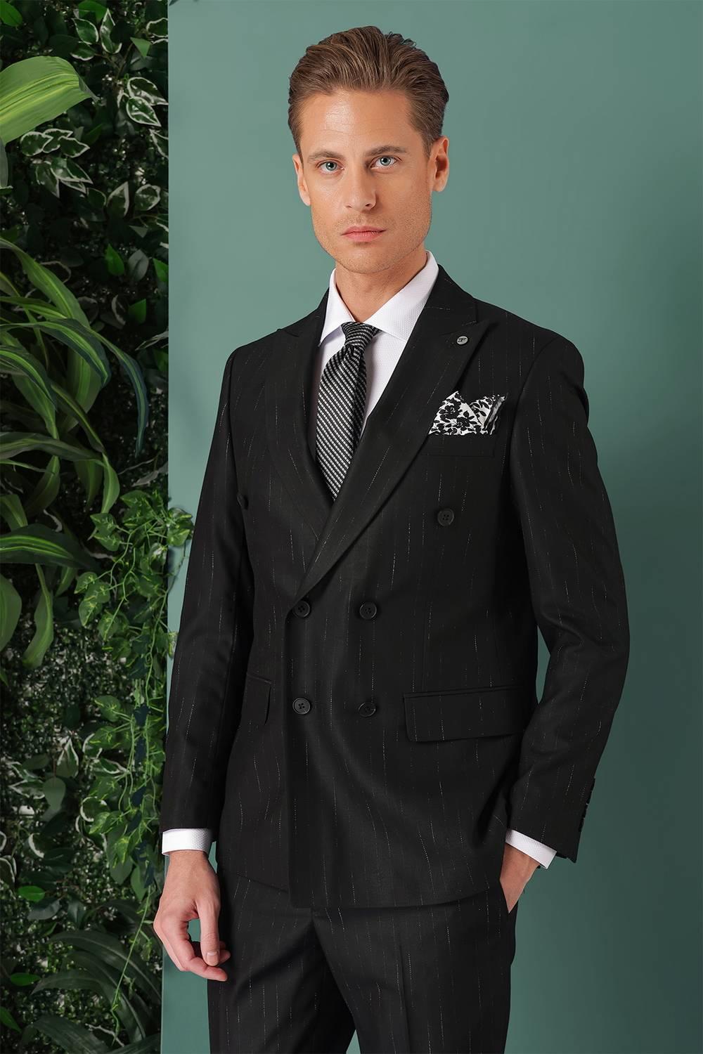 Tk 888 Slim Fit Yağmur Deseni Çizgili Kruvaze Klasik Siyah Takım Elbise 