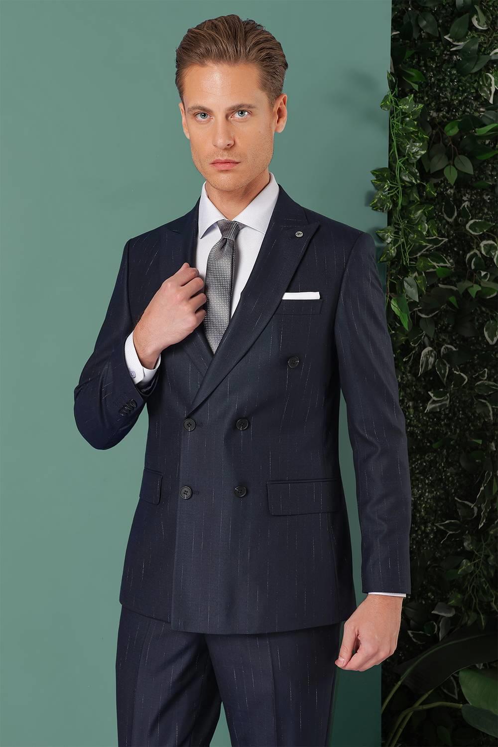 Tk 888 Slim Fit Yağmur Deseni Çizgili Kruvaze Klasik Lacivert Takım Elbise 