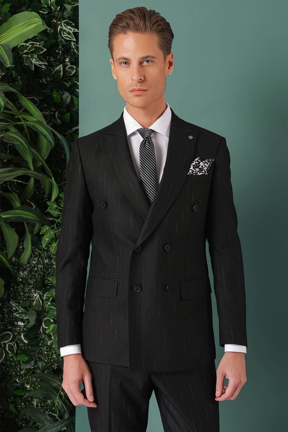 Tk 888 Slim Fit Yağmur Deseni Çizgili Kruvaze Klasik Siyah Takım Elbise 