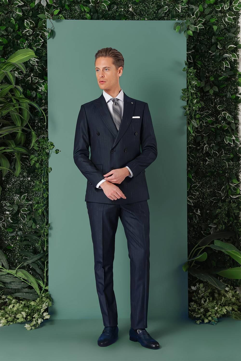 Tk 888 Slim Fit Yağmur Deseni Çizgili Kruvaze Klasik Lacivert Takım Elbise 