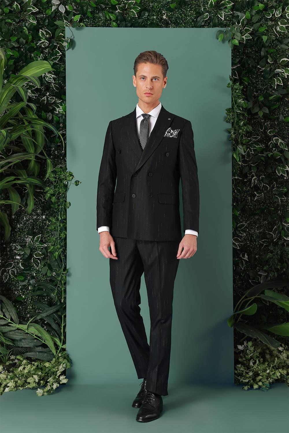 Tk 888 Slim Fit Yağmur Deseni Çizgili Kruvaze Klasik Siyah Takım Elbise 