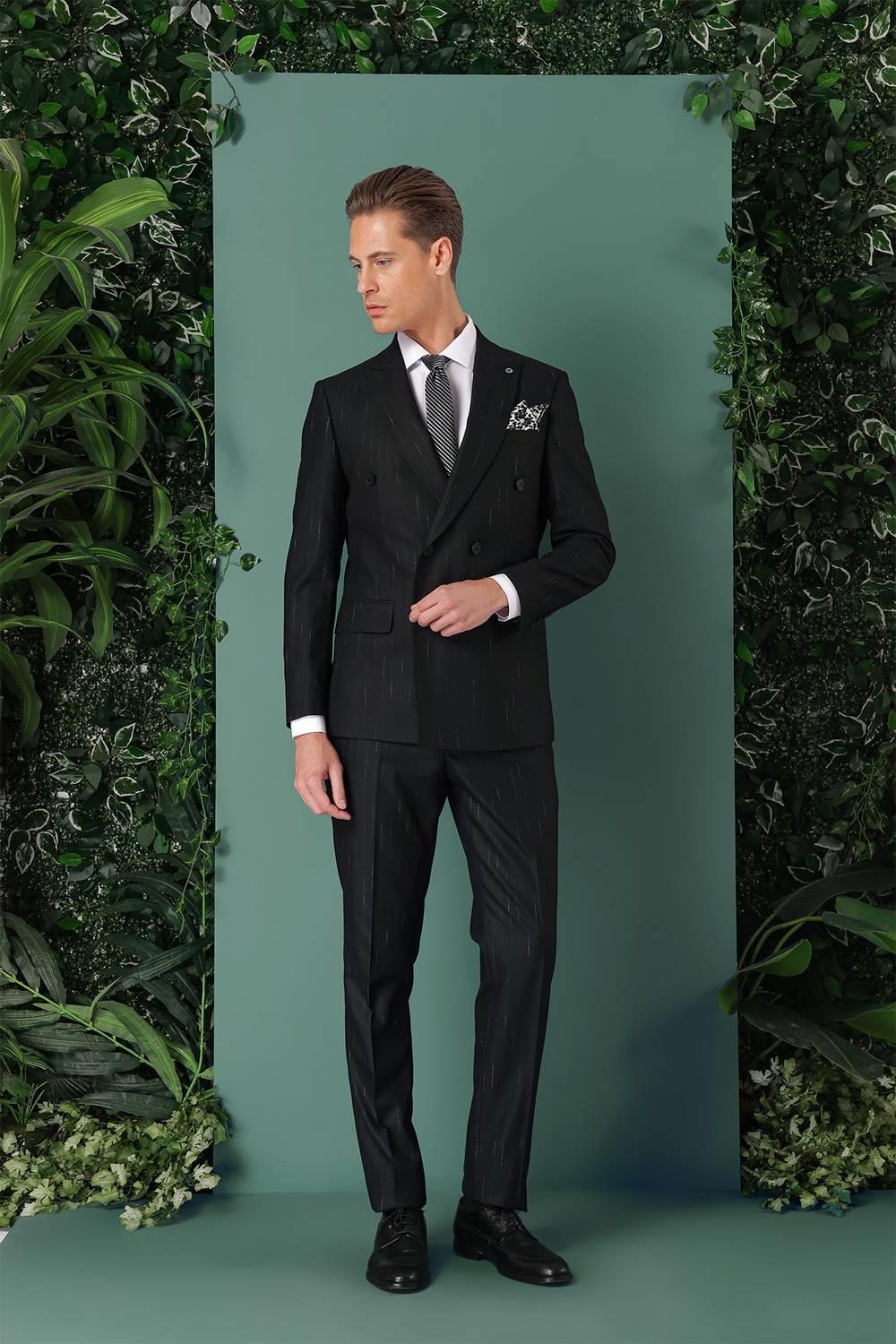 Tk 888 Slim Fit Yağmur Deseni Çizgili Kruvaze Klasik Siyah Takım Elbise 