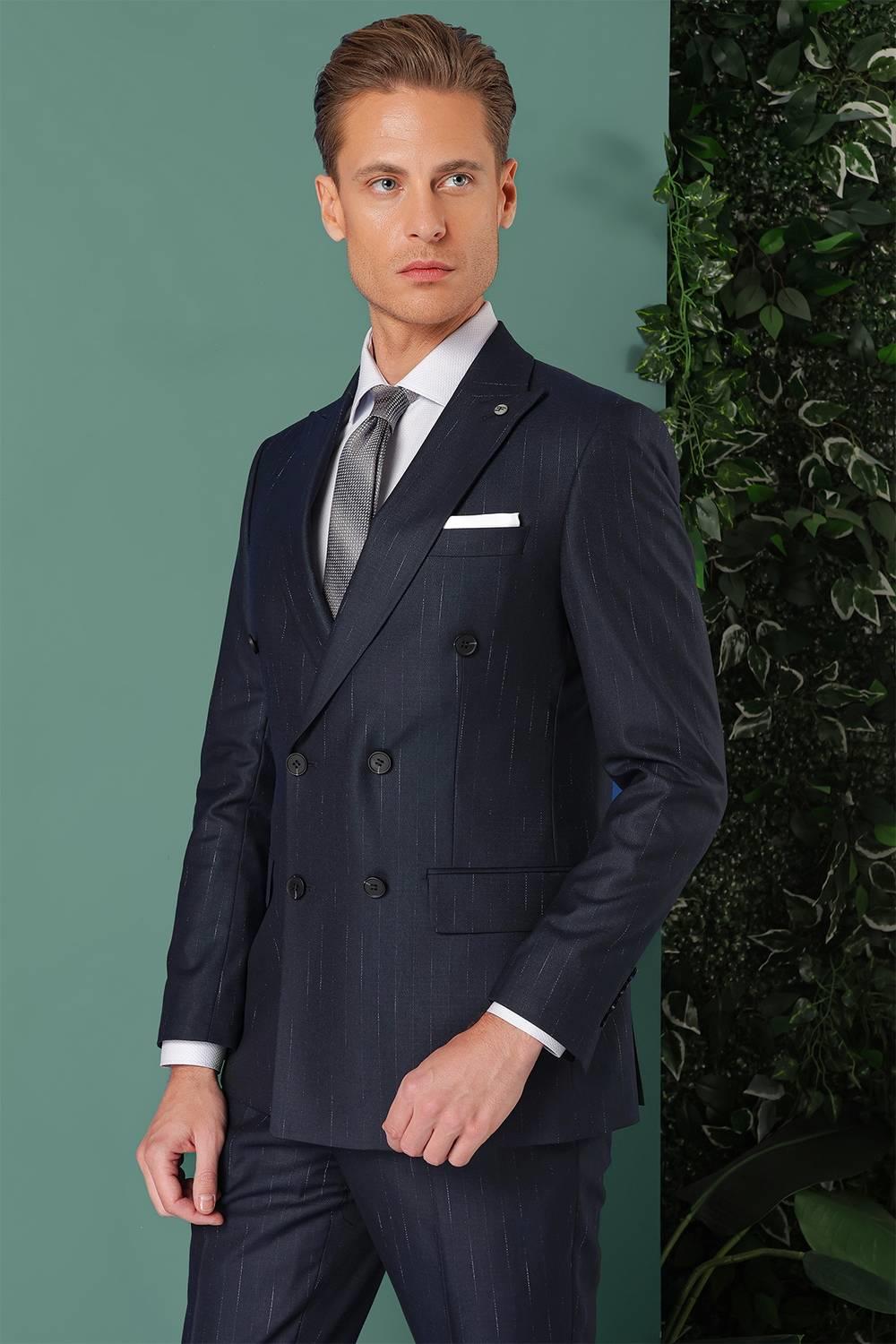 Tk 888 Slim Fit Yağmur Deseni Çizgili Kruvaze Klasik Lacivert Takım Elbise 