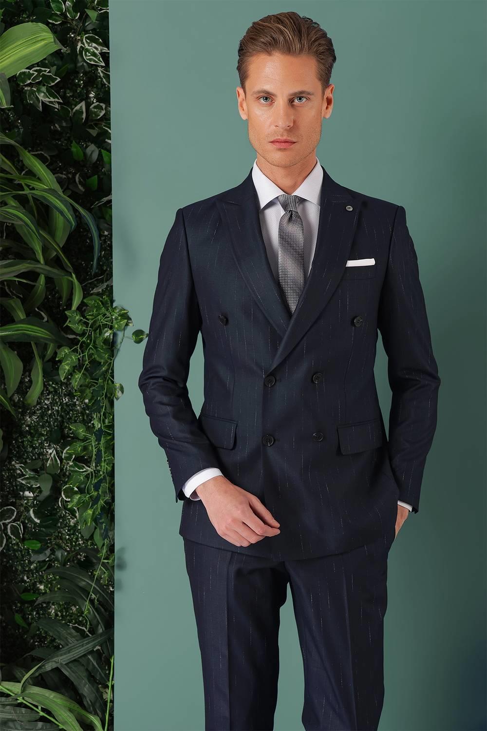Tk 888 Slim Fit Yağmur Deseni Çizgili Kruvaze Klasik Lacivert Takım Elbise 
