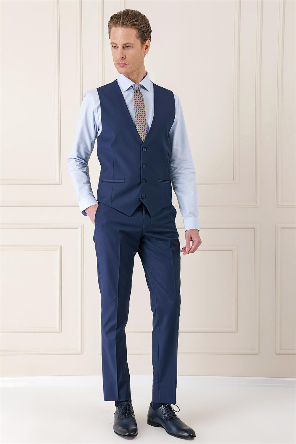 Tk 890 Slim Fit Düz Esnek Yelekli Klasik Lacivert Takım Elbise 