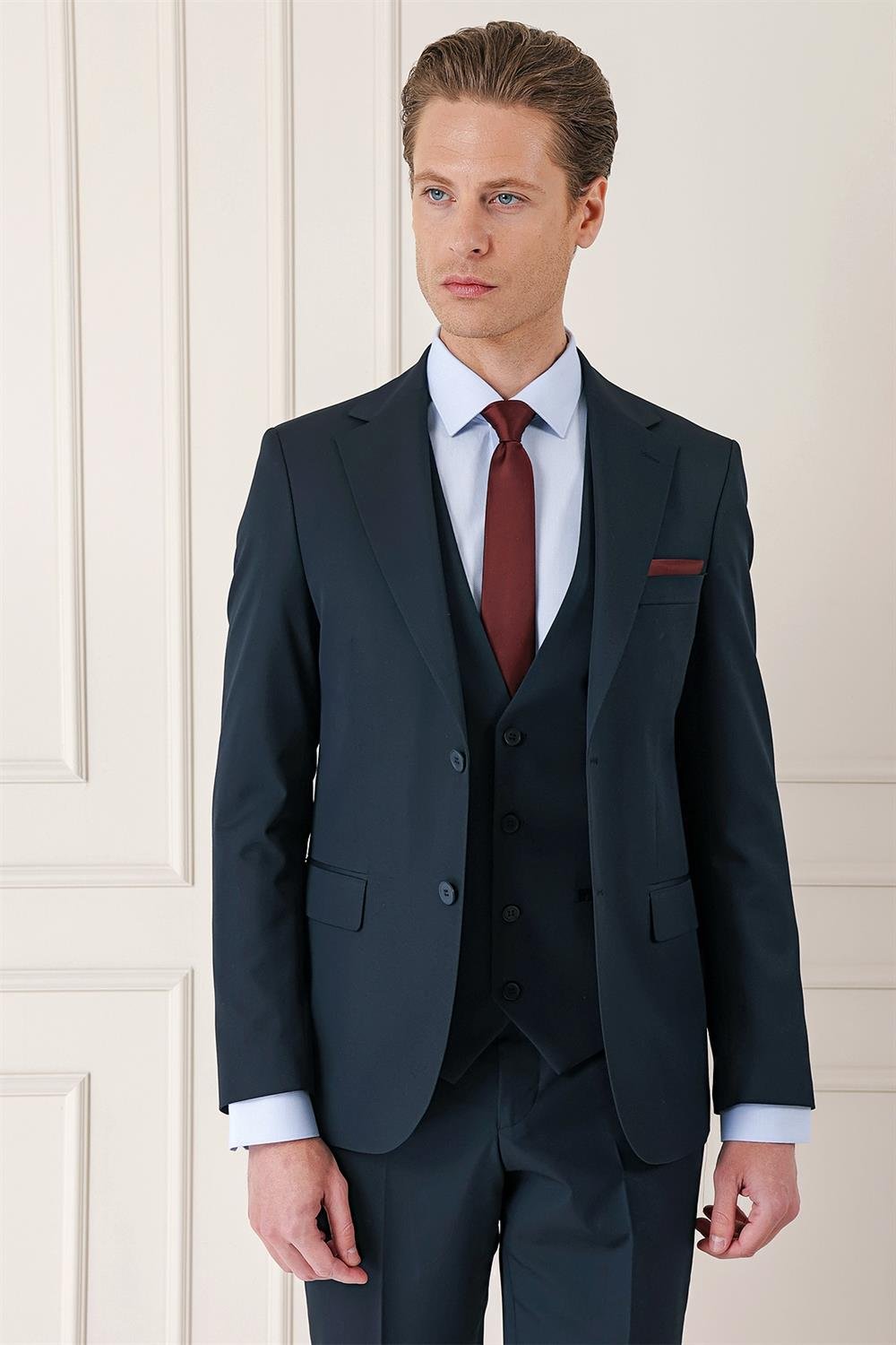 Tk 891 Slim Fit Düz Yelekli Klasik Lacivert Takım Elbise