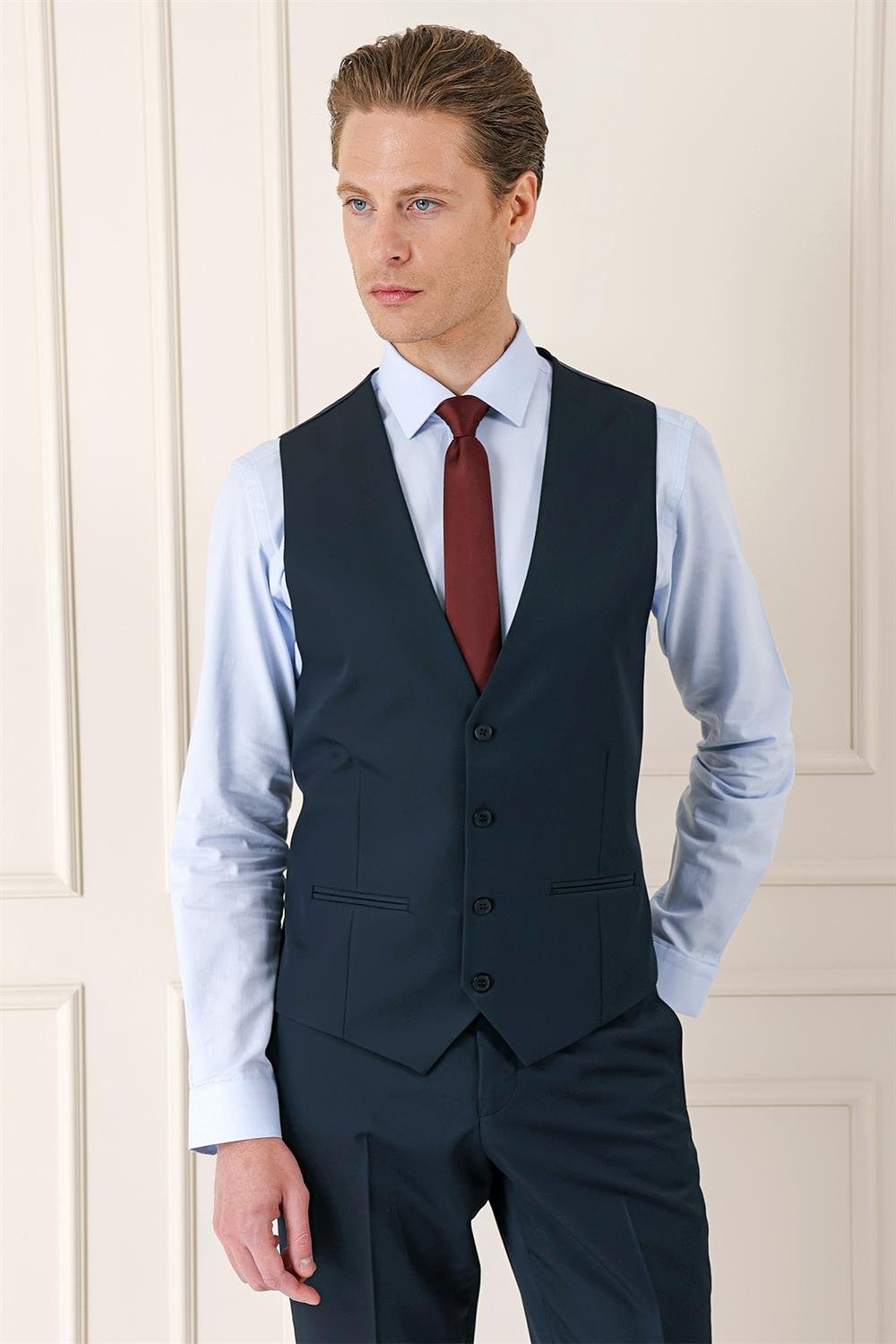 Tk 891 Slim Fit Düz Yelekli Klasik Lacivert Takım Elbise