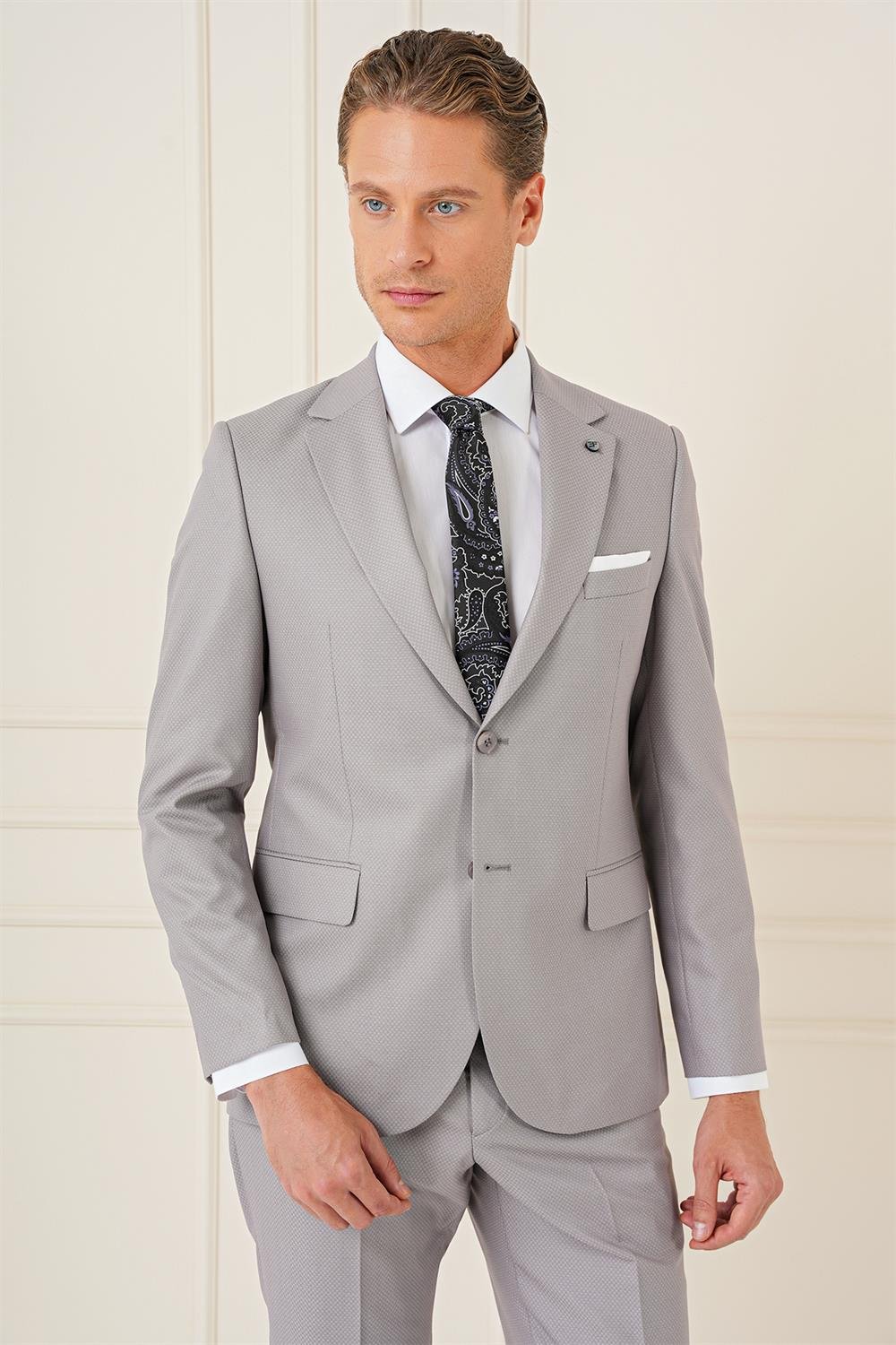 Tk 893 Slim Fit Jakarlı Çift Yırtmaç Klasik Gri Takım Elbise