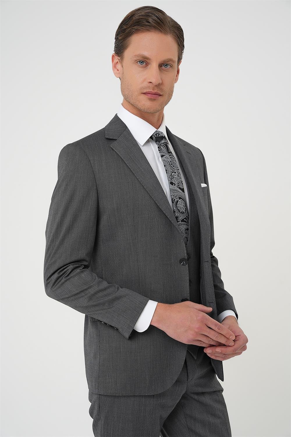 Tk 897 Slim Fit Esnek Yelekli Klasik Füme Takım Elbise