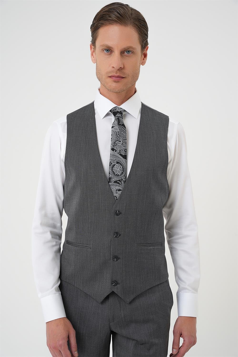 Tk 897 Slim Fit Esnek Yelekli Klasik Füme Takım Elbise