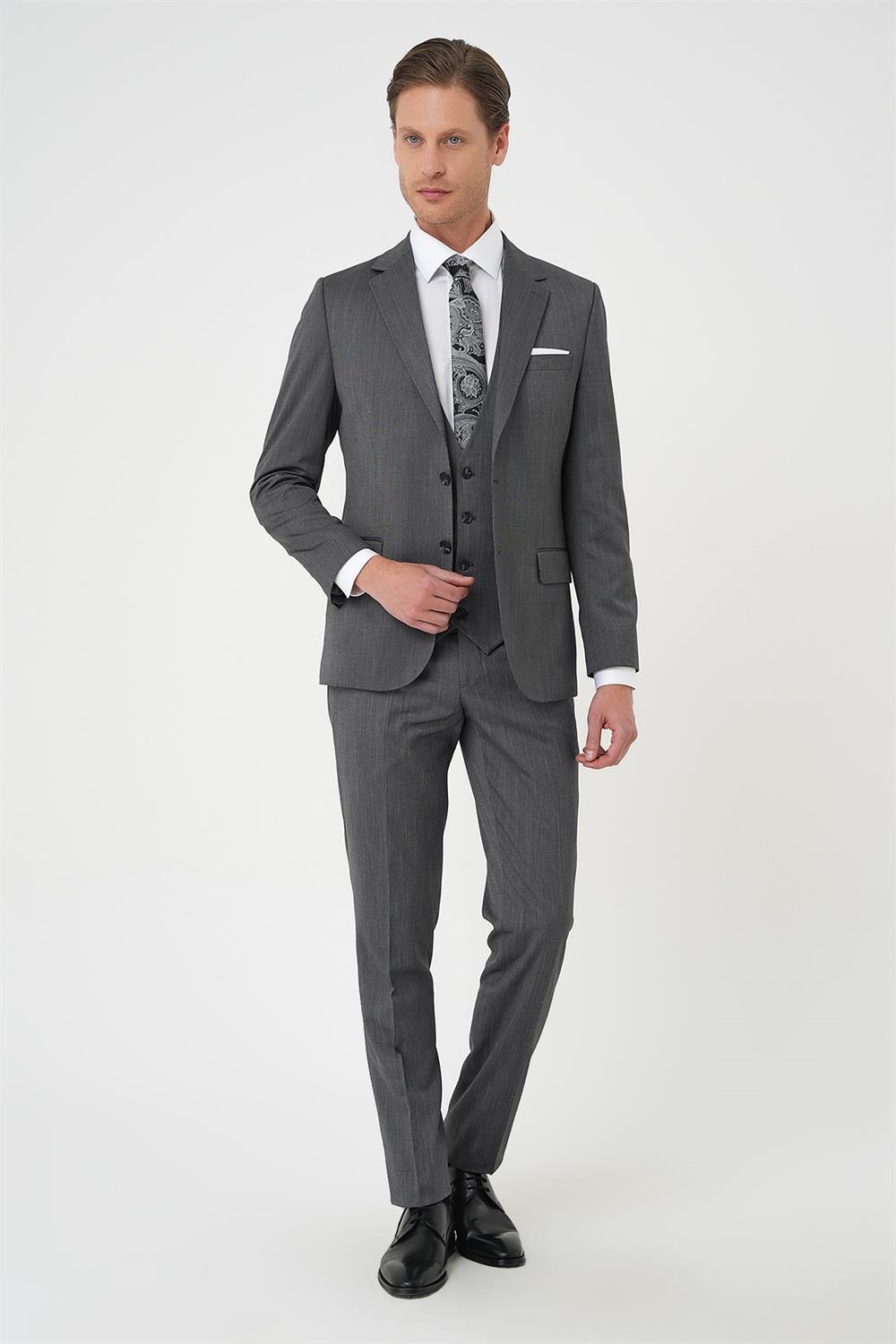 Tk 897 Slim Fit Esnek Yelekli Klasik Füme Takım Elbise