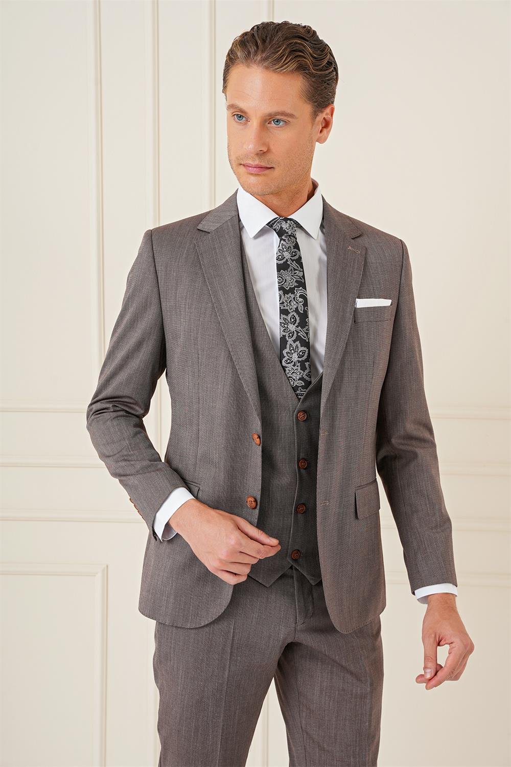 Tk 897 Slim Fit Esnek Yelekli Klasik Vizon Takım Elbise