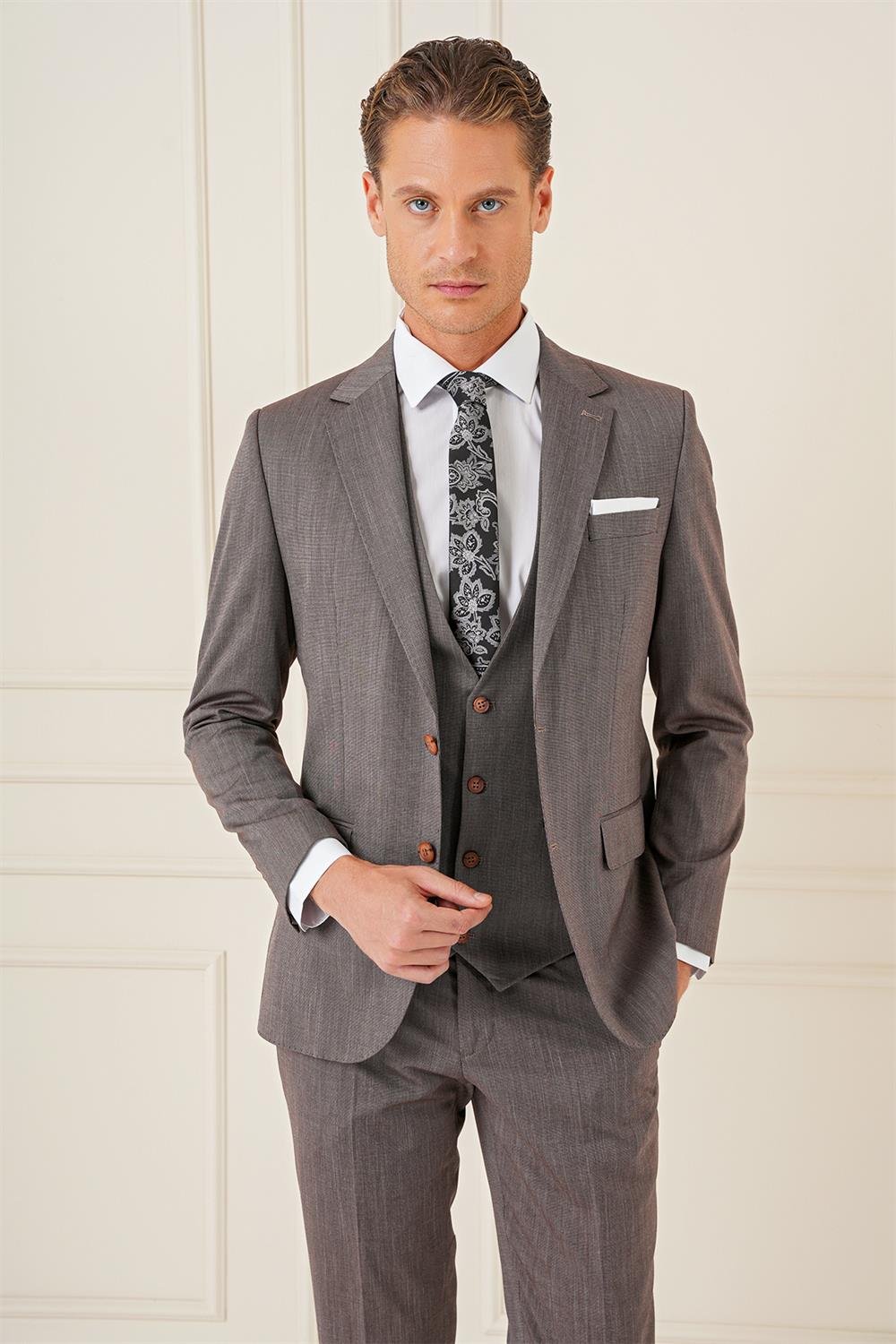 Tk 897 Slim Fit Esnek Yelekli Klasik Vizon Takım Elbise