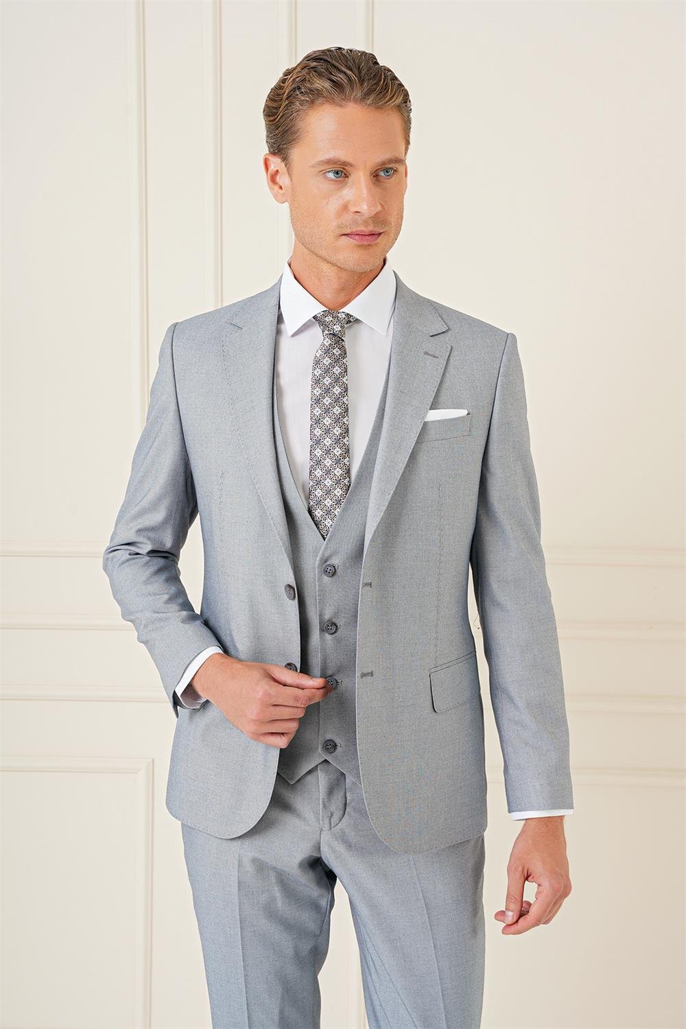 TK 903 Slim Fit Gri Klasik Takım Elbise