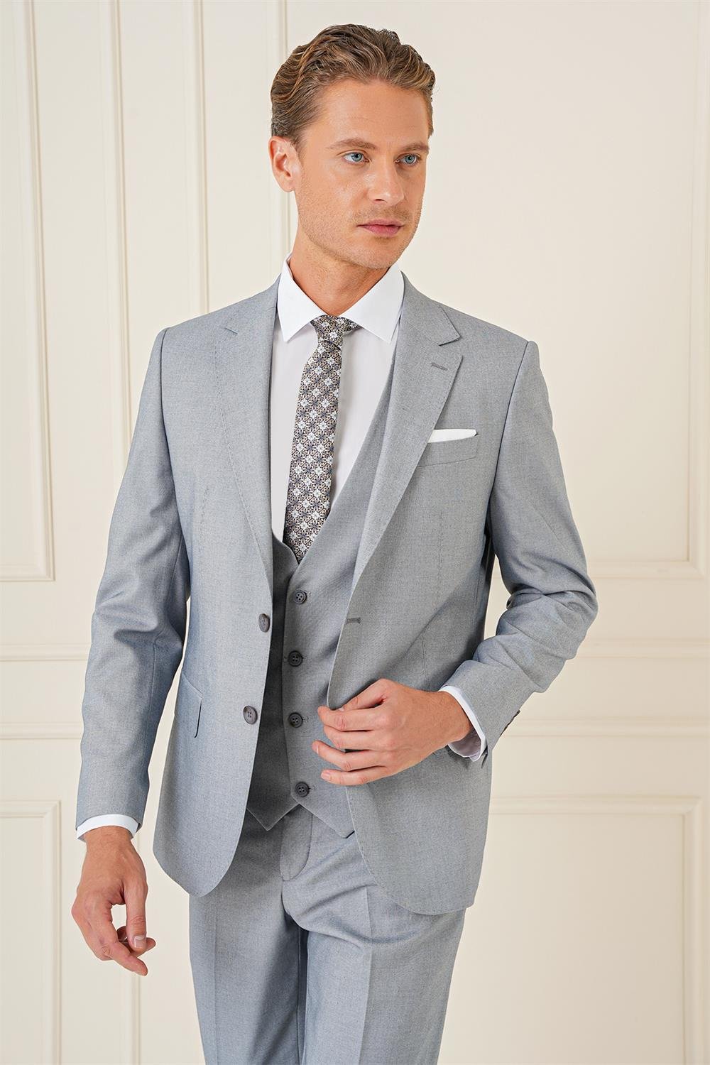 TK 903 Slim Fit Gri Klasik Takım Elbise