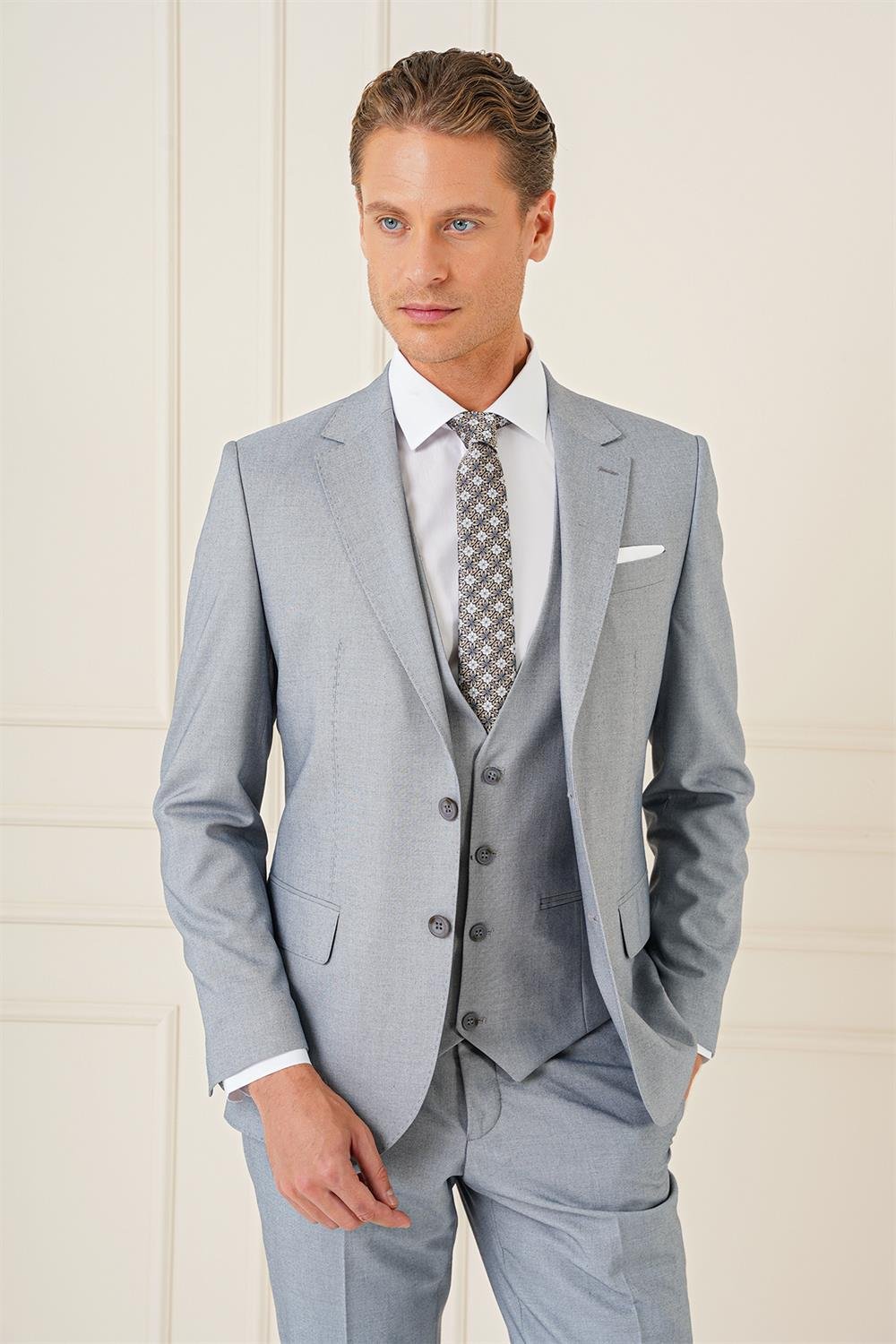 TK 903 Slim Fit Gri Klasik Takım Elbise