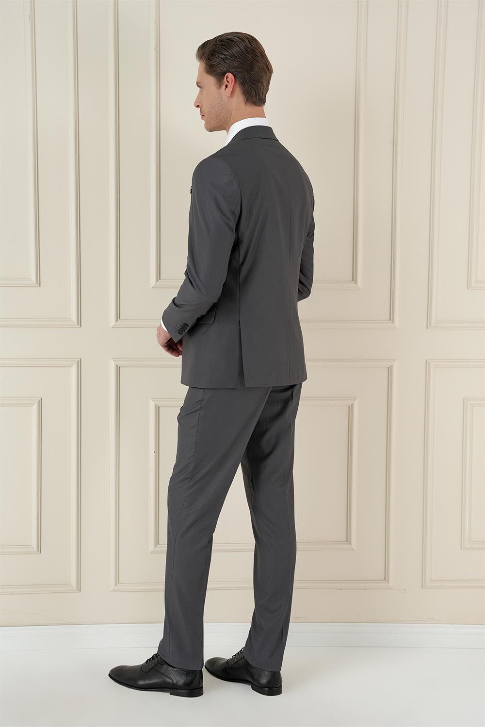 Tk 912 Slim Fit Çift Yırtmaç Mono Yaka Klasik Füme Takım Elbise