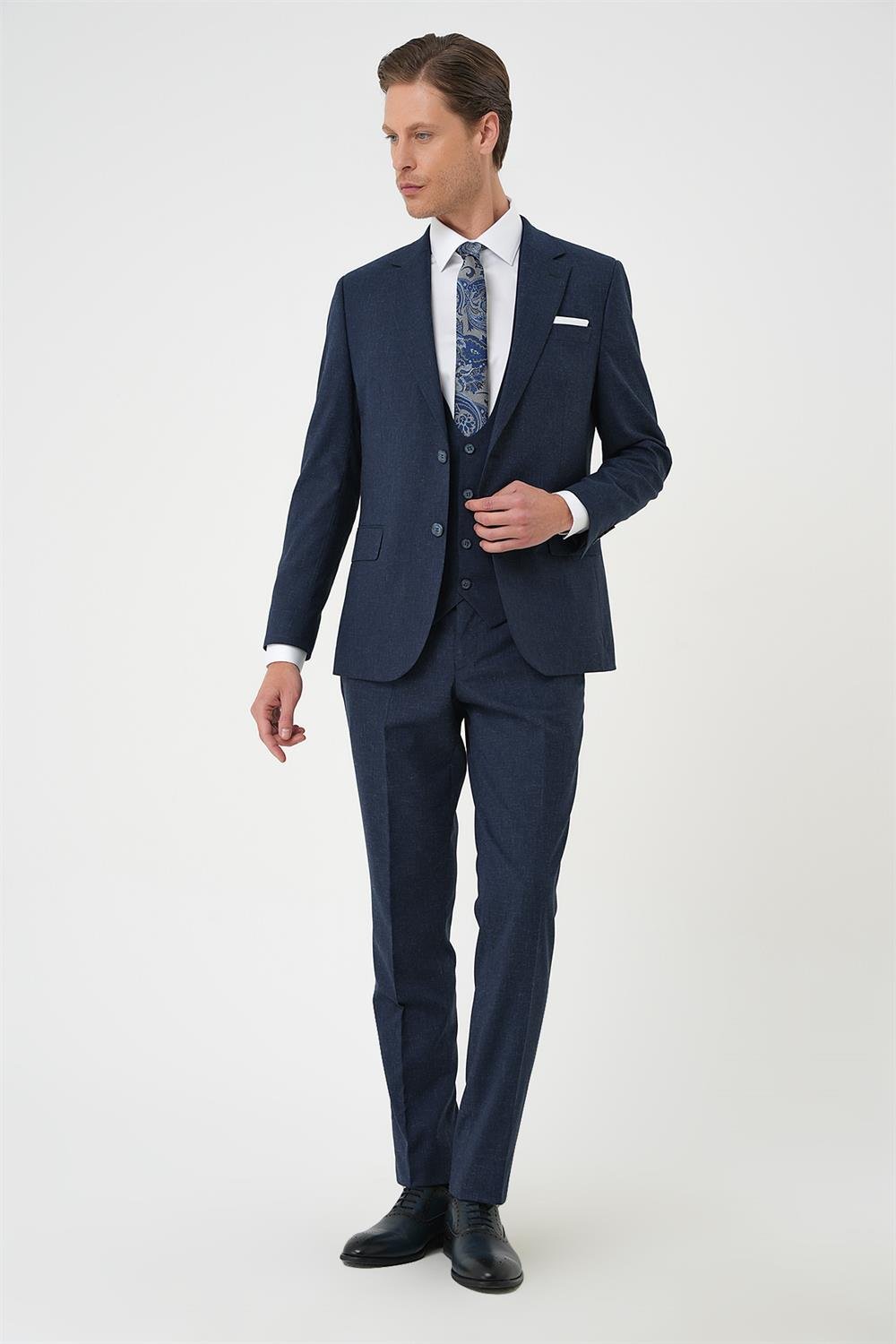 Tk 914 Slim Fit Çift Yırtmaç Keten Karışımlı Yelekli Klasik Lacivert Takım Elbise 