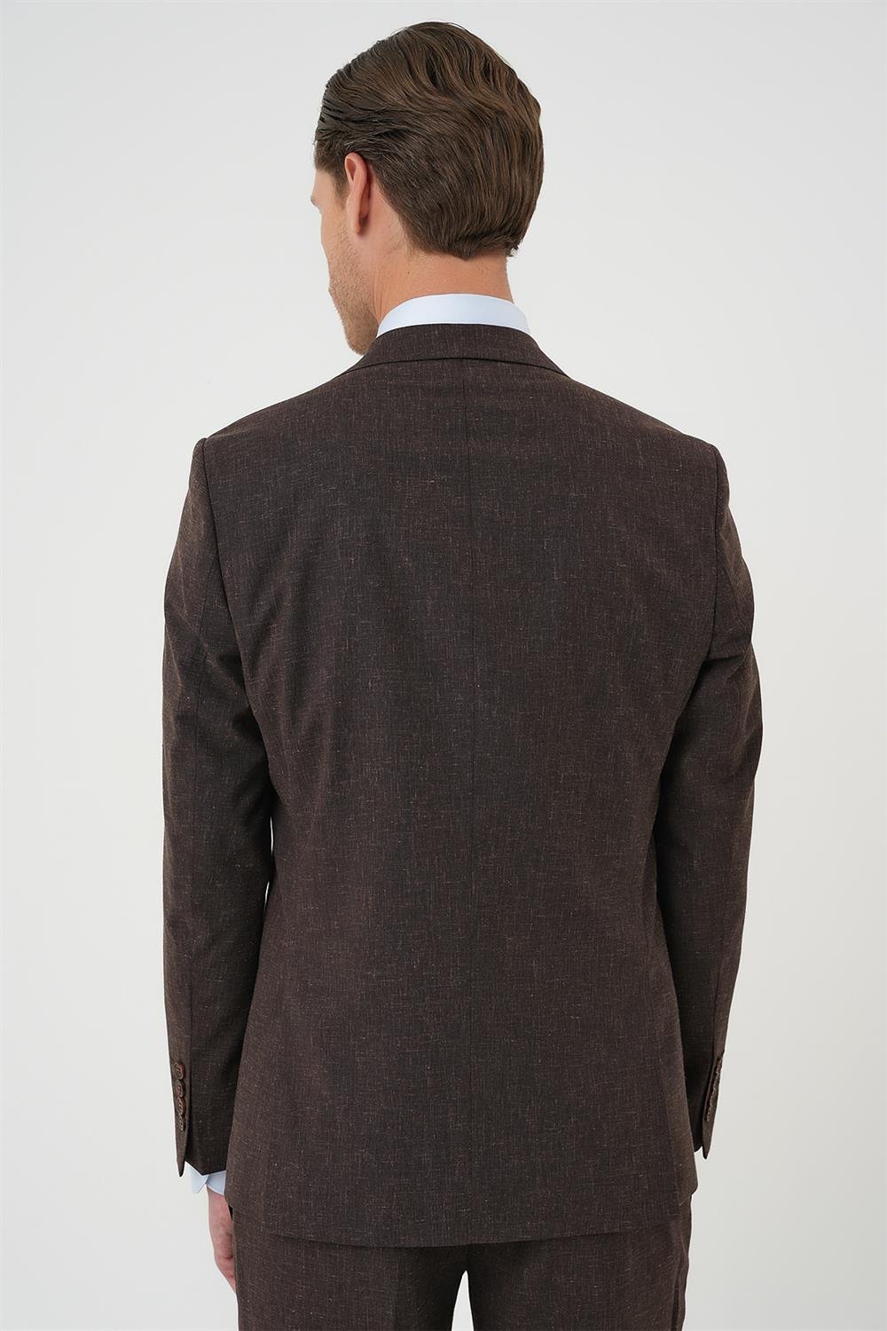 Tk 914 Slim Fit Çift Yırtmaç Keten Karışımlı Yelekli Klasik Kahve Takım Elbise 