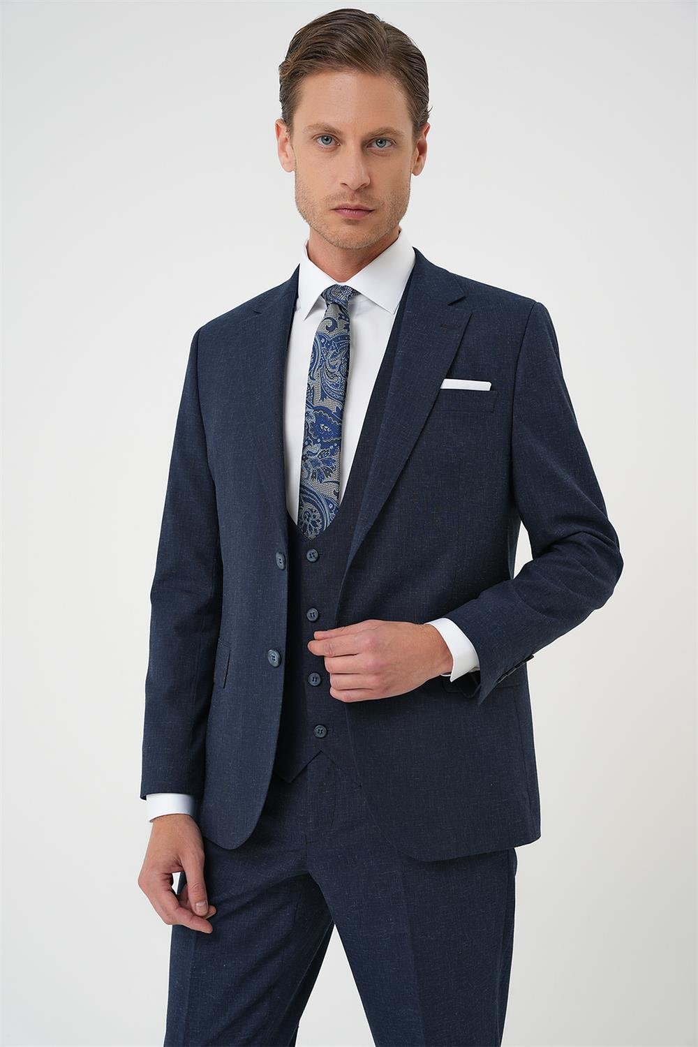 Tk 914 Slim Fit Çift Yırtmaç Keten Karışımlı Yelekli Klasik Lacivert Takım Elbise 