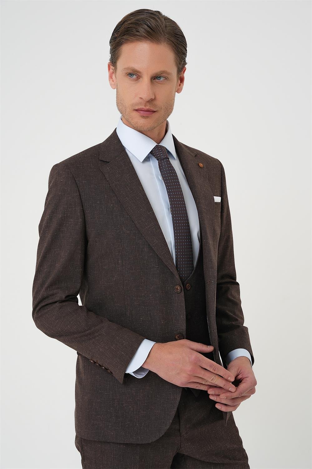 Tk 914 Slim Fit Çift Yırtmaç Keten Karışımlı Yelekli Klasik Kahve Takım Elbise 